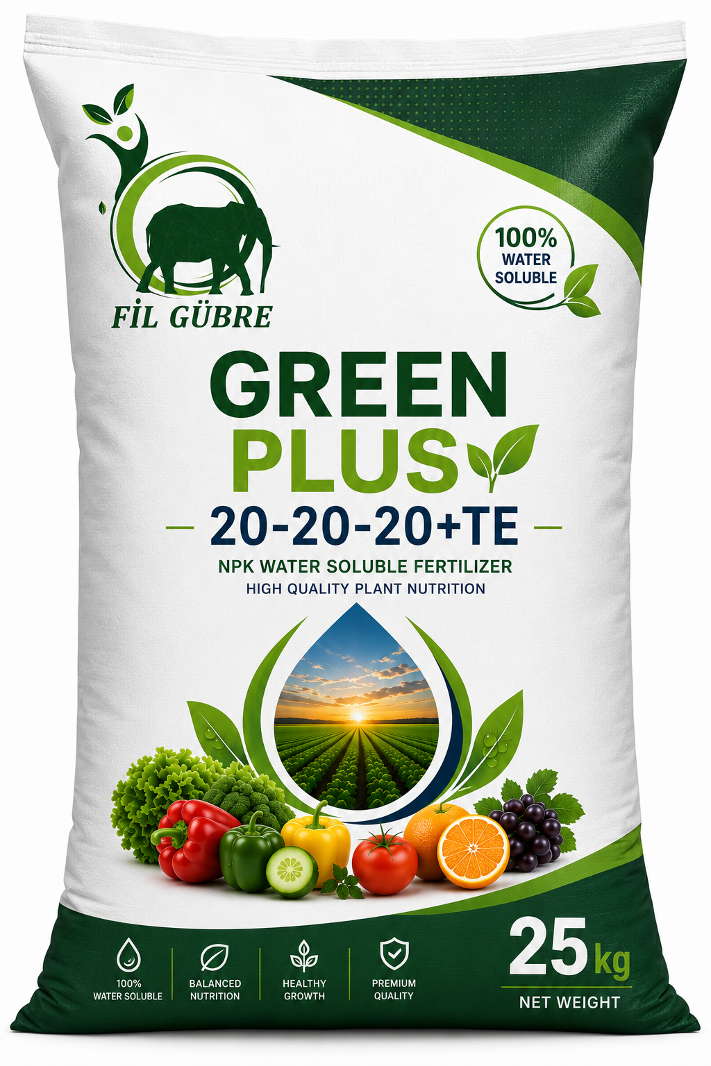 Fertilizer bag labeled GREEN PLUS 20-20-20+TE, 25 kg, with vegetables graphic and 100% water soluble badge