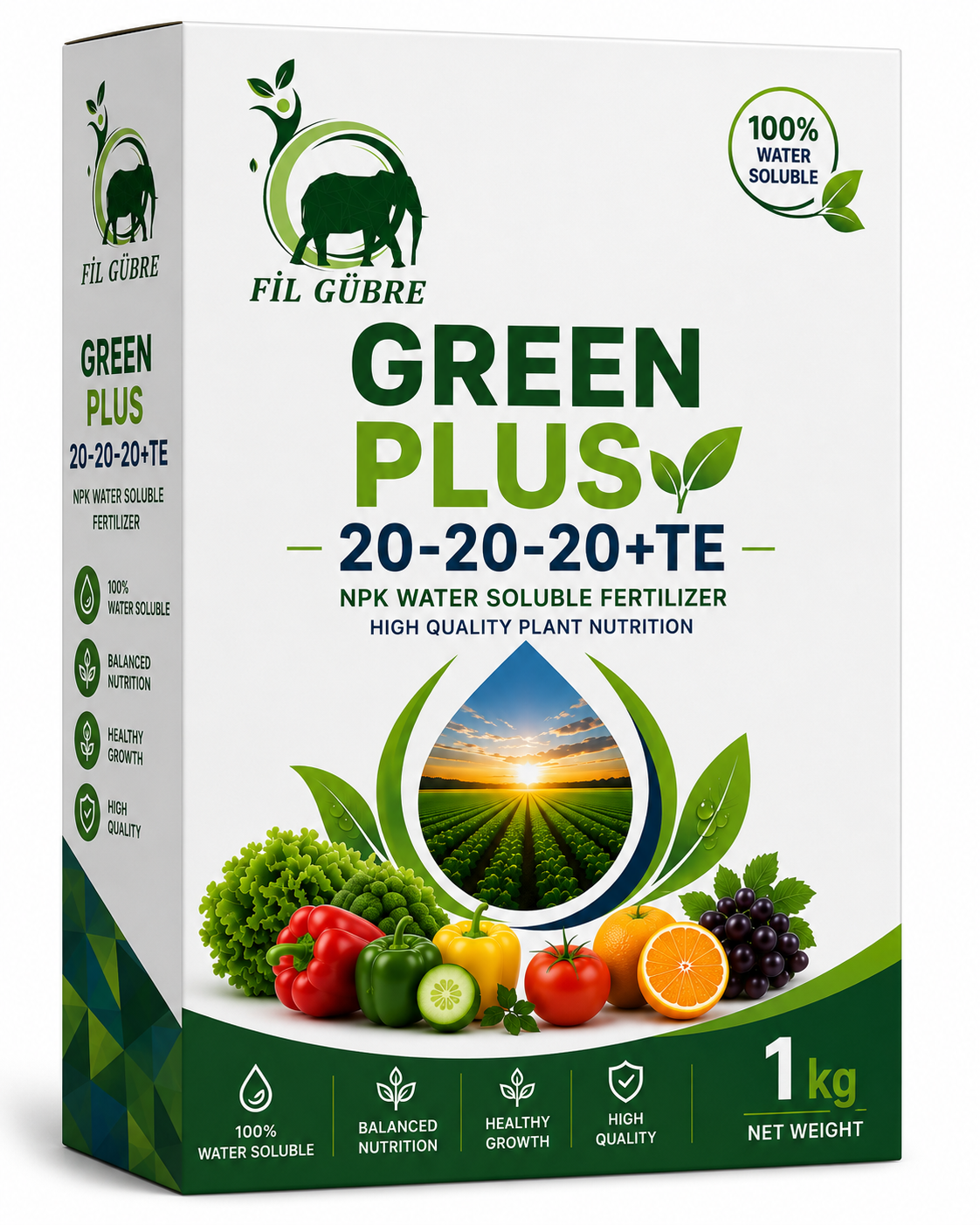 Green Plus 20-20-20+TE water-soluble fertilizer box with vegetables and a sunlit field illustration on the front image