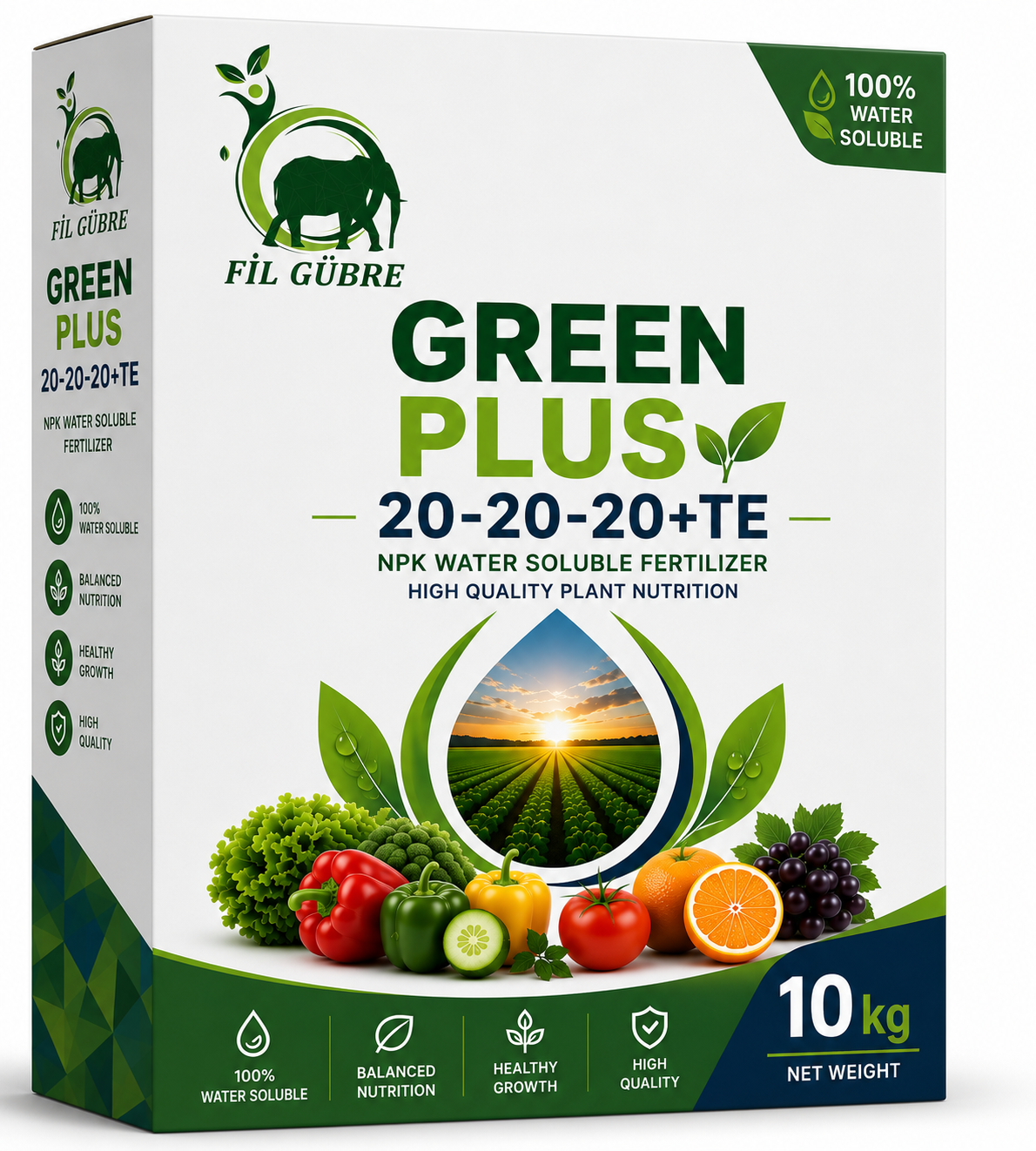 Product packaging for 'GREEN PLUS' fertilizer, 10 kg, NPK 20-20-20+TE, water soluble with vegetables and sun image on front.
