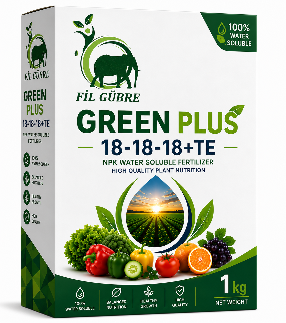 Box of Fil Gubre Green Plus NPK 18-18-18+TE water-soluble fertilizer; includes fruit and vegetable imagery and a 1 kg net weight label.