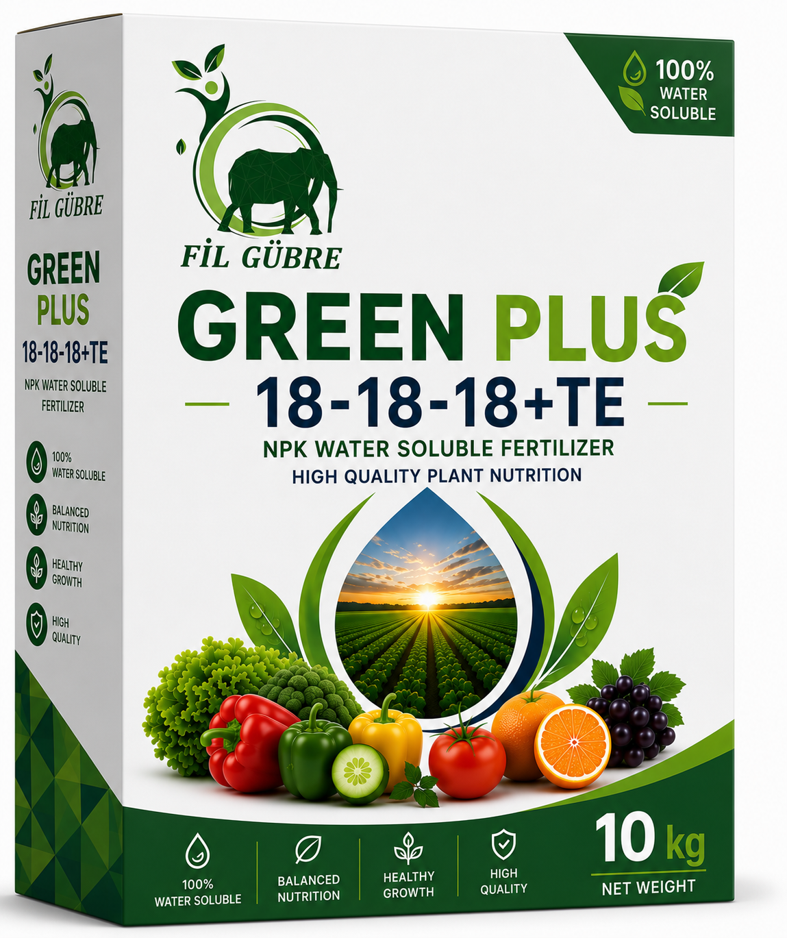 Green Plus fertilizer box: 18-18-18+TE, NPK water-soluble, 10 kg net weight, vegetable and fruit imagery on front.